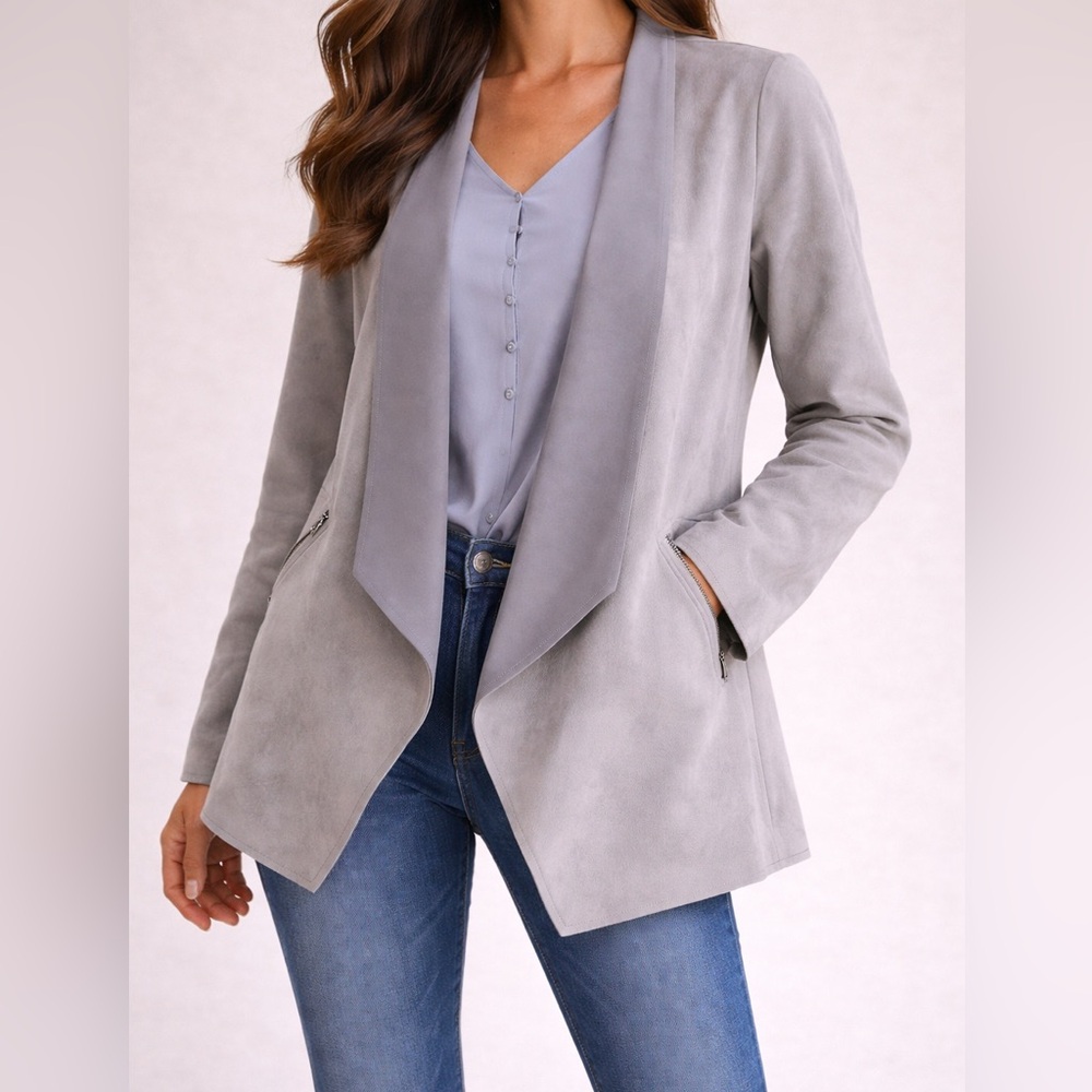 faux suede open front jacket cardigan lavender gray size XL evening wear